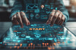 © Putu - Futuristic businessman initiates a project, activating a digital interface showing 'START', data graphs, and innovation icons.