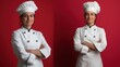 © stas_malyarevsky - Young handsome cook in uniform with hat on color background. Portrait of restaurant and hotel chef. Culinary concept. Baker. Pastry chef.
