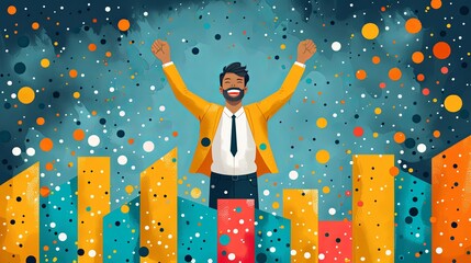 Wall Mural - A businessperson celebrating a growing graph, symbolizing profits and successful investments