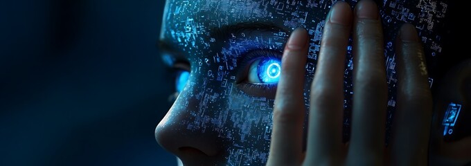 Aufkleber - A close-up image of an AI robot's face featuring glowing blue elements.