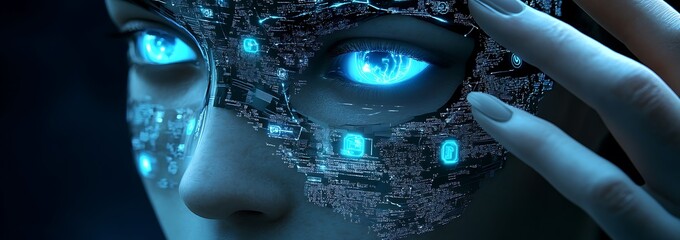 Fototapete - A close-up image of an AI robot's face featuring glowing blue elements.