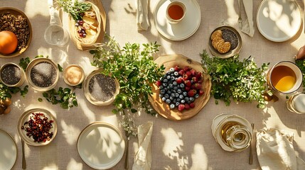 Wall Mural - A table spread with immune-boosting superfoods, such as acai berries, chia seeds, and green tea, in a natural and fresh setting 