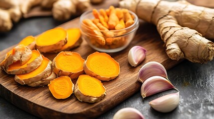 Wall Mural - A cutting board with slices of fresh ginger, garlic cloves, and turmeric root, showcasing natural ingredients known for immune-boosting properties 