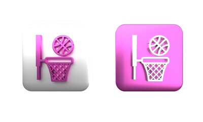 Wall Mural - Colorful Basketball ball and basket icon isolated on white background. Ball in basketball hoop. Square button. 3D render illustration