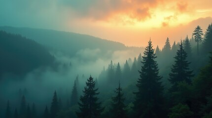Naklejka na meble Misty Landscape of a Fir Forest: A Vintage Retro Aesthetic Capturing the Mysterious Beauty of Nature Shrouded in Fog
