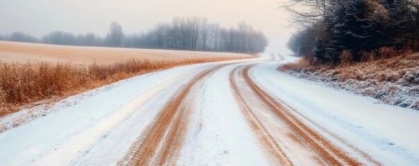 Wall Mural - empty snowy country road winding through a serene winter landscape with frosted fields and trees