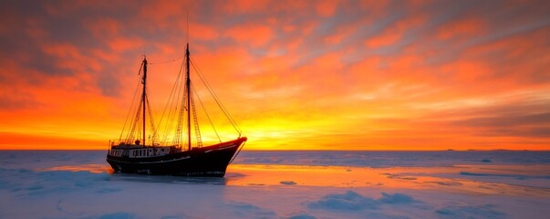 Wall Mural - beautiful orange sunset sky over a frozen sea with a two-masted sailboat in the scenic view