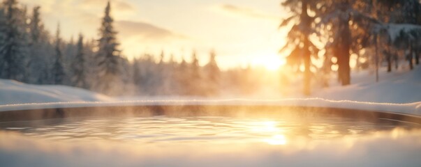 Wall Mural - tranquil hot tub scene surrounded by snowy winter landscape at sunset