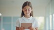 © Naree - A girl in a white shirt intently observes a tablet, suggesting engagement with technology in a modern educational environment.