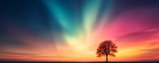 Wall Mural - Stunning northern lights illuminating the sky with hues of pink, turquoise, and orange as the sun sets behind a lone silhouette of a tree on the horizon