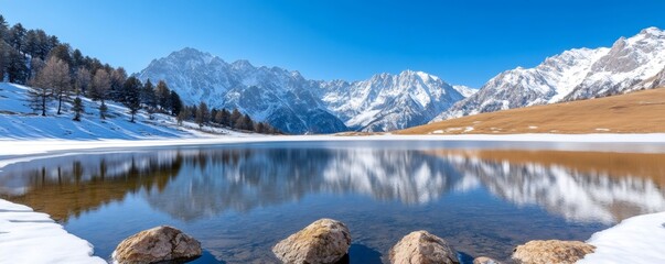 Wall Mural - breathtaking winter scenery featuring snow-covered peaks mirrored in a pristine alpine lake, craftin