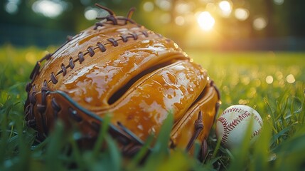 Wall Mural - Wet baseball glove and ball in grass at sunset.