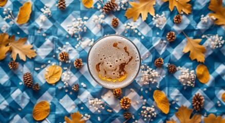 Wall Mural - A glass of beer is on a table with autumn leaves and pine cones. The scene is warm and inviting, with the colors of the leaves and pine cones creating a cozy atmosphere