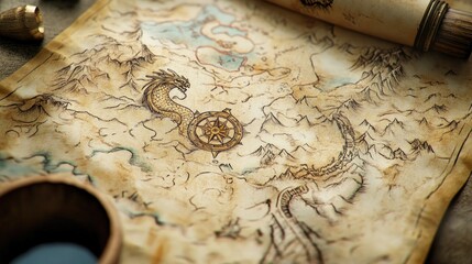 A hand-drawn treasure map with whimsical elements, including a dragon guarding the treasure. The artistic style is playful yet detailed, inviting a sense of adventure