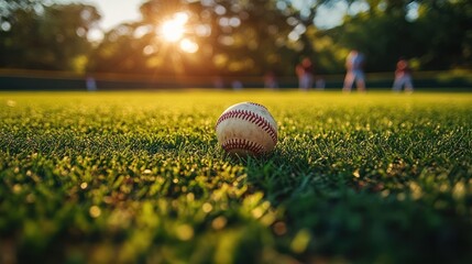 Wall Mural - Baseball on field, sunset, players blurred background.