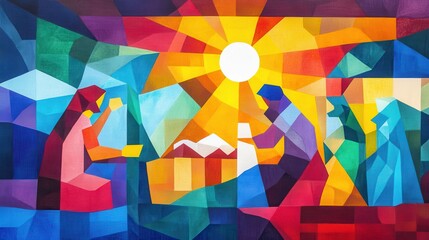 Abstract cubist depiction of the nativity scene featuring Mary, Joseph, and baby Jesus surrounded by colorful geometric shapes