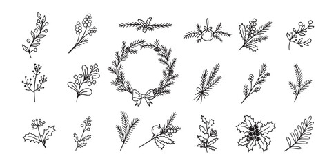 Wall Mural - Christmas plant decoration doodle set. Simple hand drawn decor for a festive Christmas and New Years.