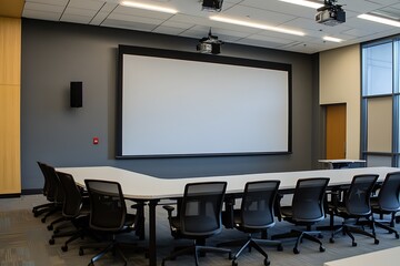 Fototapete - A large blank white screen positioned centrally, suitable for presentations or displays in various settings.