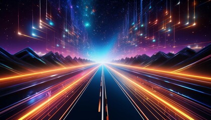 Wall Mural - futuristic highway scene with a sleek road stretching into digital space featuring glowing lines and a starry backdrop creating an exhilarating sense of speed and technology
