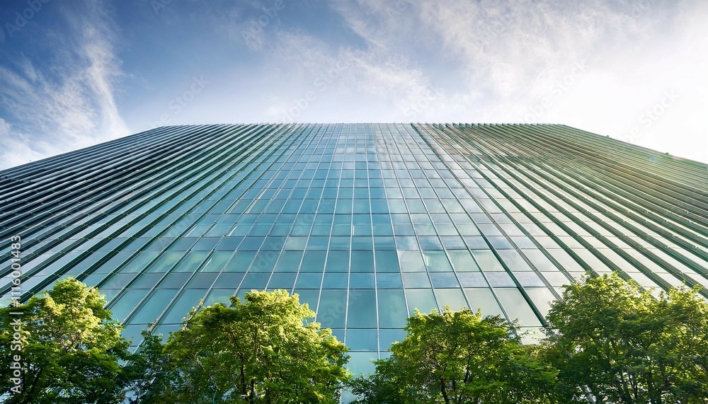 corporate glass building reflecting lush green trees symbolizing esg ...
