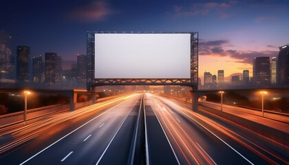 Wall Mural - elevated highway scene with blank billboard moody dusk lighting and moving traffic