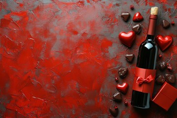 Wall Mural - Romantic gift idea with red wine and chocolates on a textured red background