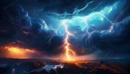 Wall Mural - a bright lightning strike in a turbulent nighttime thunderstorm