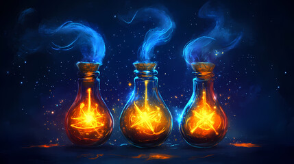 Wall Mural - Three glowing potion bottles with swirling smoke and stars, set against a dark blue background. Alchemy. Illustration