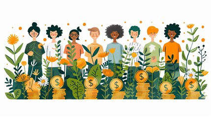 Wall Mural - Illustration of women standing on stacks of coins surrounded by vibrant flowers and leaves, symbolizing growth, success, and empowerment.  
