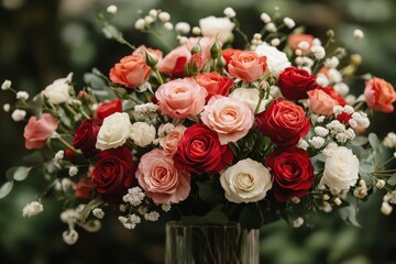 Canvas Print - Vibrant Close-Up of a Bouquet Featuring Red and Pink Roses Surrounded by Delicate White Flowers