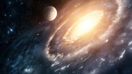 Wall Mural - planer over glowing bright core of galaxy image. amazing space formation with hot center photography