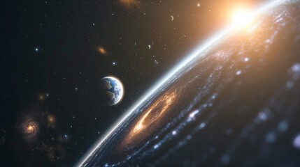 Wall Mural - earth globe near large round galaxy in outer space image. stunning eternal beauty of cosmos objects 