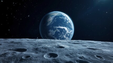 Wall Mural - rocky barren land of moon against earth image. planet in dark starry sky view from satellite photogr