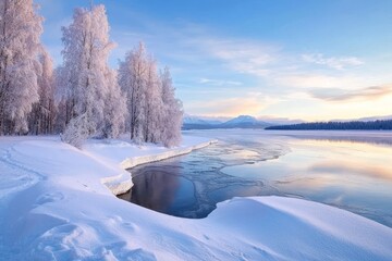 Poster - At sunset on the river, a forest of snowy trees with sun and a beautiful frozen river with reflections in the water is pictured. Seasonal. Winter trees, lake, blue sky. Frosty snowy river. the