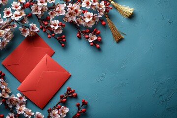 Aufkleber - An image of the Chinese new year festival decoration over a blue background. A traditional lunar new year flat lay with cherry blossoms and red pockets. The top view of the image.