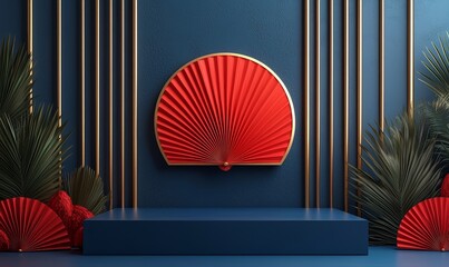 Fototapete - 3D illustration rendering of Chinese New Year red podium product showcase on a Japanese style background with golden ring frame. Happy holiday celebration concept.