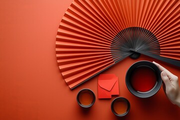 Aufkleber - Decoration for Chinese new year festival. Green tea, red paper fans, cherry blossoms. Top view.