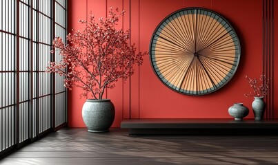 Poster - A red and gold Chinese New Year podium with a gold ring frame and a Chinese pattern background. 3D illustration rendering graphic design concept for the holiday.