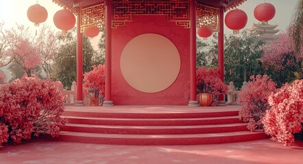 Aufkleber - A 3D rendering illustration of Chinese new year background 2022 with a lantern, Chinese gold coin, scroll copy space text and a scroll copy space illustration