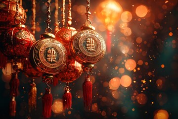 Aufkleber - Lucky trees and coins representing joy and prosperity for the Chinese New Year.