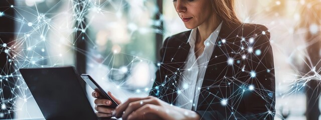 Poster - Using an online document database to search and manage files, business man holding a folder and document icon software, for efficient archiving and company data management.
