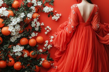 Aufkleber - The composition consists of red envelope packets, orange mandarins, and Chinese blossom flowers on a red background.