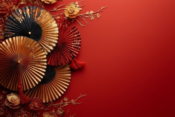 Aufkleber - Top view of Chinese New Year decorations on red background. Red paper fans with gold decorations. Lunar New Year celebration concept. The image is a flat lay.