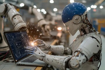 Aufkleber - The Industrial 4.0 Robot concept. Engineers use tablet computers for machine maintenance, automation tools, robot arms at the factory.