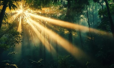 Wall Mural - a serene forest scene illuminated by golden rays of sunlight filtering through the trees, creating a