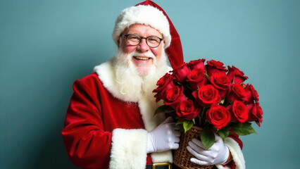 Wall Mural - Santa Claus in white gloves with a bouquet of red roses in his hands smiles on a blue background ,  christmas delivery concept