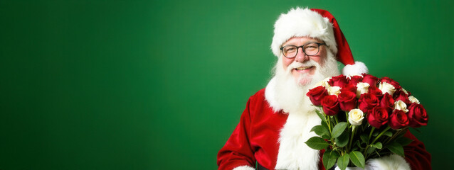 Wall Mural - banner Santa Claus in white gloves with a bouquet of white and red roses in his hands smiles on a green background ,  christmas delivery concept