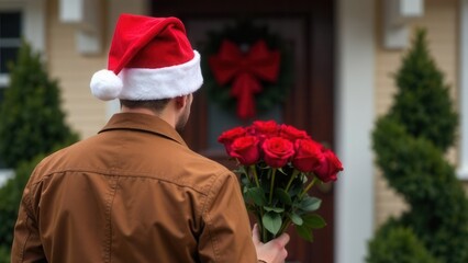 Wall Mural - a man in a brown shirt and Santa hat stands in front of the door with a bouquet of red roses, christmas delivery concept