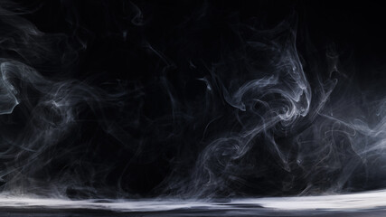 Fototapete - Panoramic view of the abstract fog. White cloudiness, mist or smog moves on black background. Beautiful swirling gray smoke. Mockup for your logo. Wide angle horizontal wallpaper or web banner.