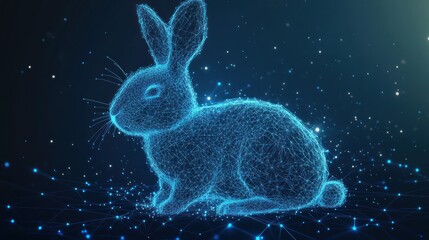 Digital rabbit, glowing polygon lines, dark background.